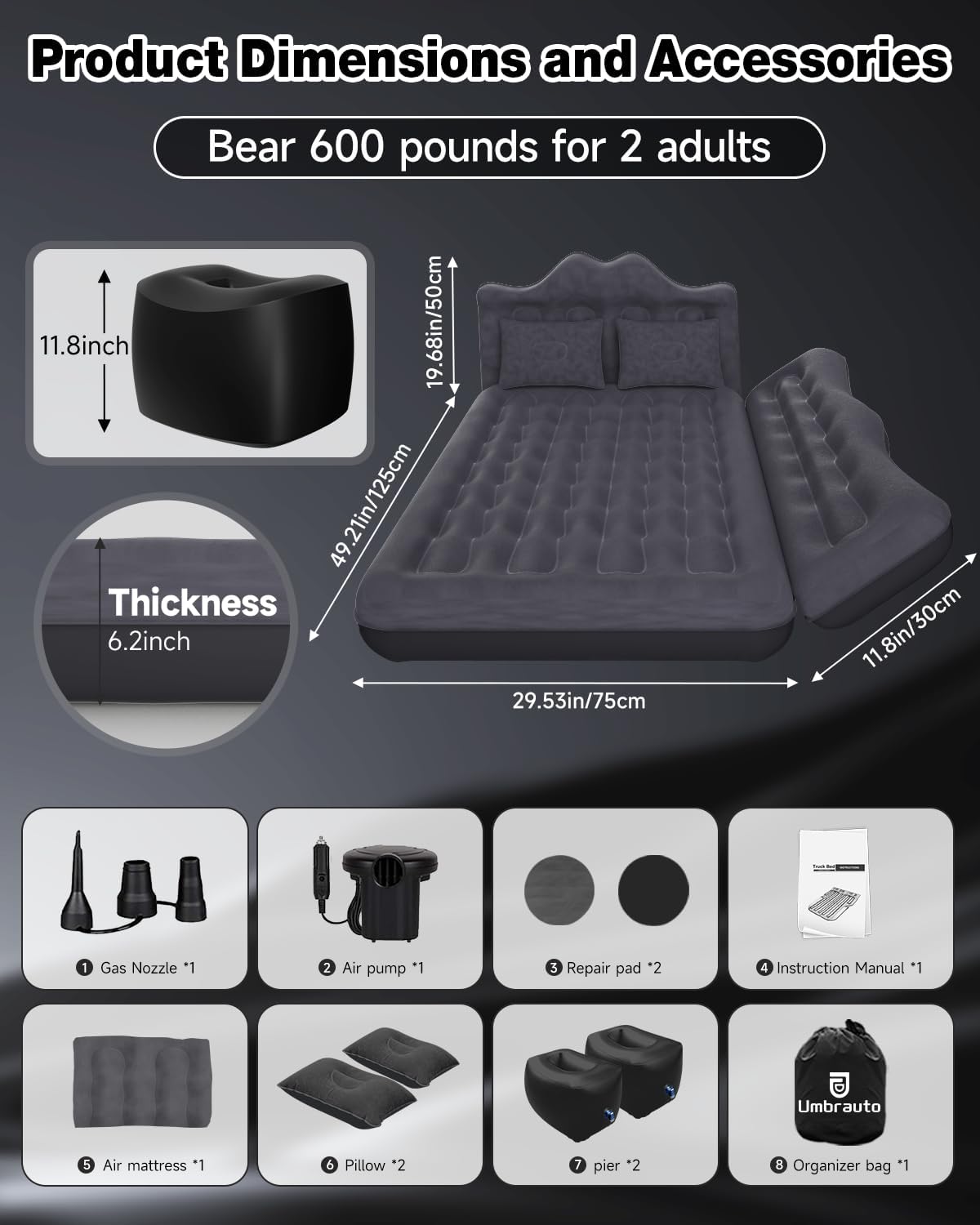 Umbrauto Inflatable Car Mattress with Pump & Pillows