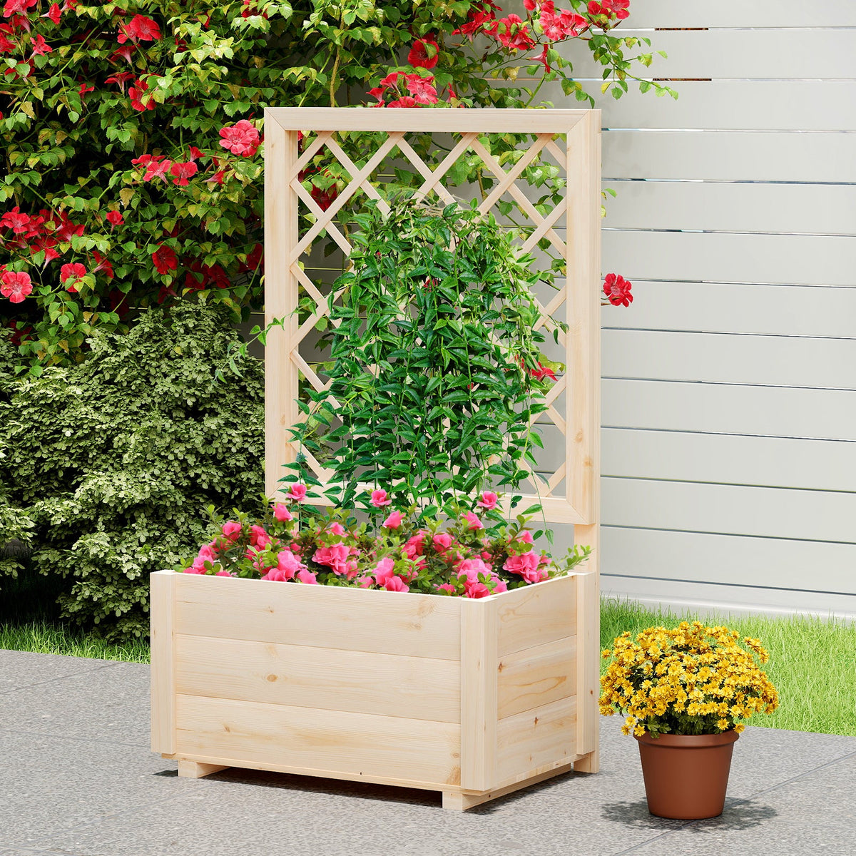Wooden Raised Garden Bed with Lattice Trellis