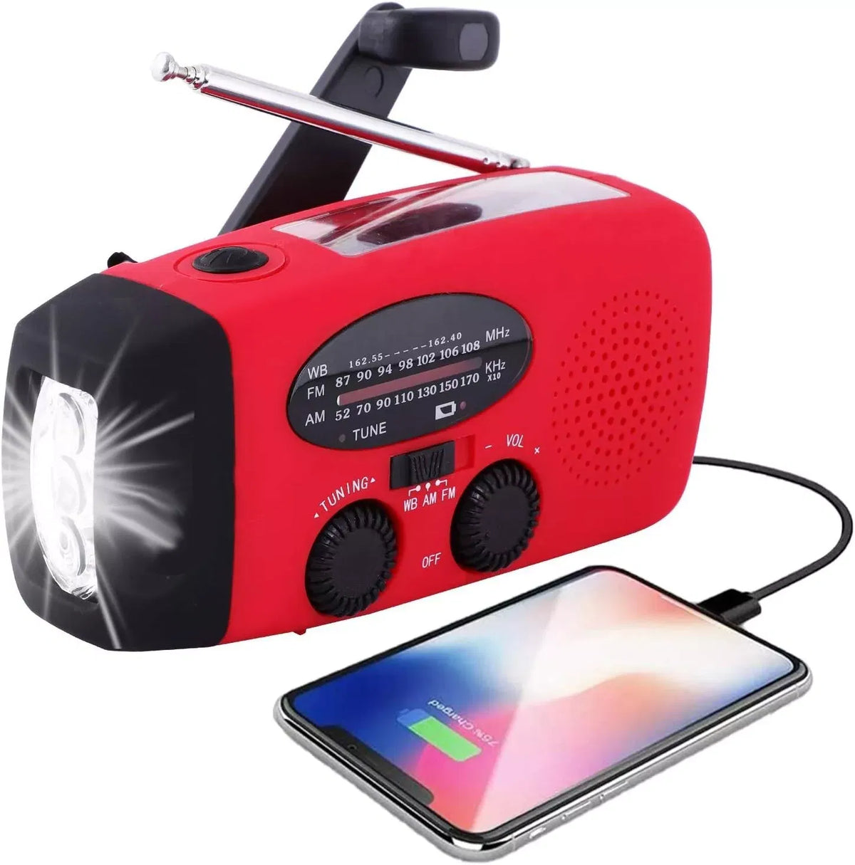 Red hand-crank emergency radio with flashlight and phone charging output