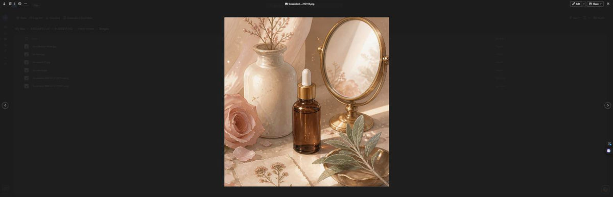 The Glow Ritual Edit: a styled vanity scene with an amber dropper bottle, a round mirror, a ceramic vase, and a pale pink rose in warm, golden-hour light.