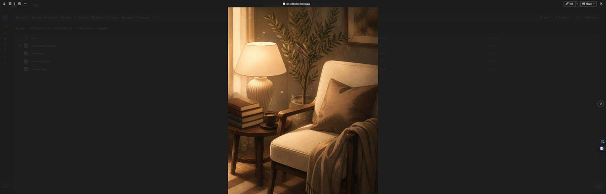 Soft Corners, Warm Lamps: a cream upholstered armchair with a throw blanket, a lit table lamp, and stacked books styled in a warm, dimly lit reading nook.