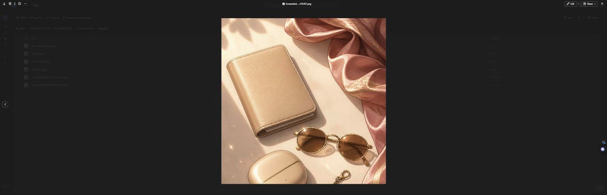Off to Somewhere Lovely: a styled flat-lay with a champagne-leather passport cover, gold-framed sunglasses, and silk-toned fabric on a light surface.