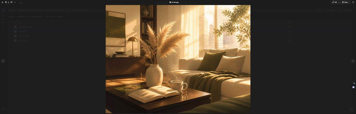 Warm, softly lit living room with a sofa, dried pampas grass in a vase, and a styled coffee table — the Omni Haven homepage hero image.