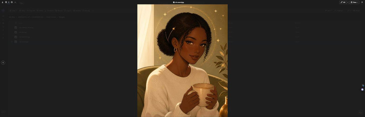 Nomi, Omni Haven's illustrated brand mascot and lifestyle guide, shown as a warm, illustrated portrait of a woman with curly hair holding a mug in a cozy, softly lit room.